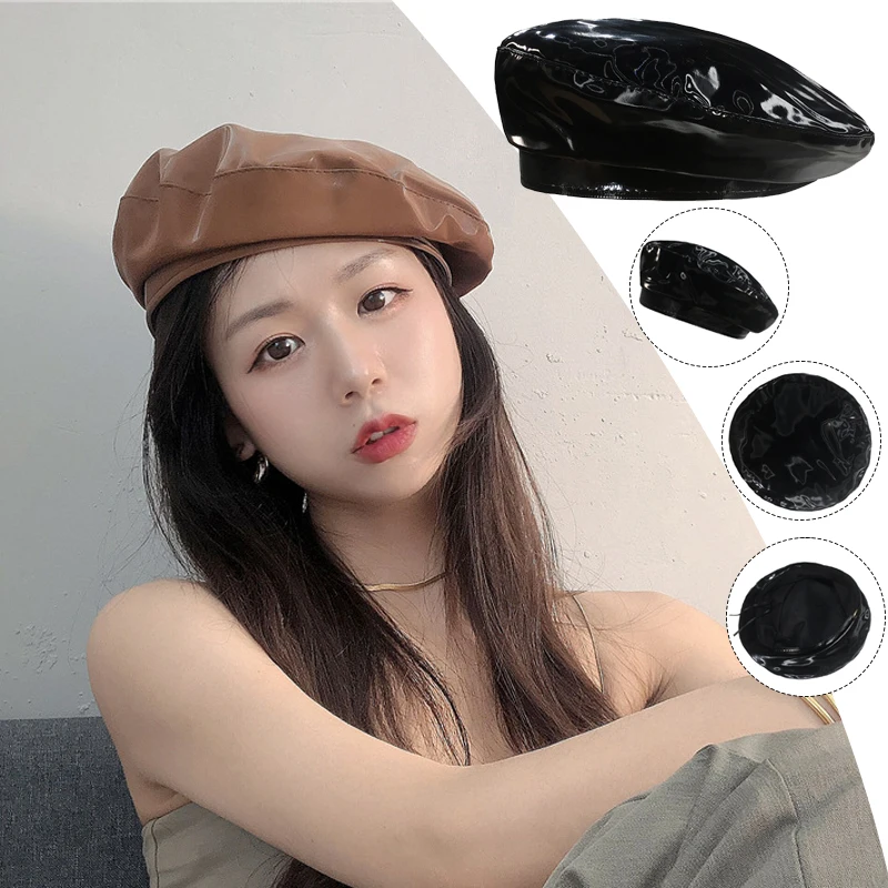 

Classic Black Patent PU Leather Women Beret Hat New Fashion Street French Artist Warm Beanie Cap Fall Winter Retro Elegant Beret