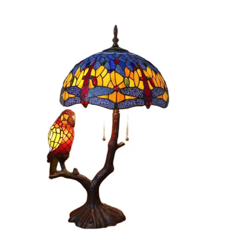 

Blue Parrot Dragonfly Table Lamp Living Room Bar Restaurant Luxury Vintage Fancy Tiffany Standing Night Light D31101