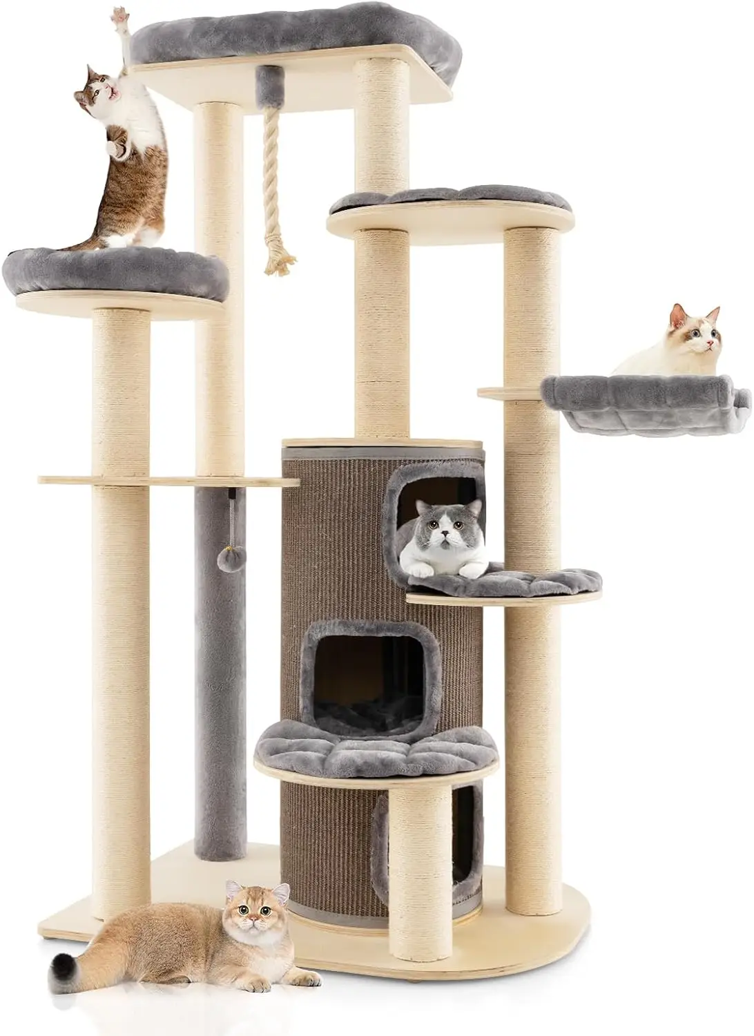 Tangkula 67 Inch Multi-Level Tall Cat Tree, 3-Story Cat Condo with Top Perch, Hammock, Sisal Scratching Posts, Spring Ball,