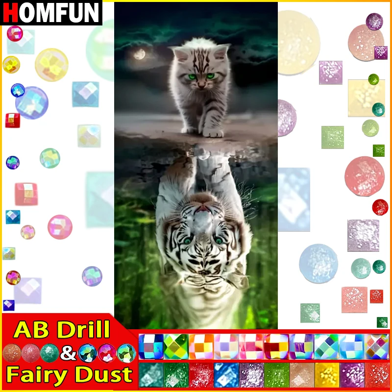 HOMFUN Fairy Dust AB Diamond Painting "Animal Cat Tiger" Full Square Round Diy 5d Diamond Embroidery Picture Rhinestone Art