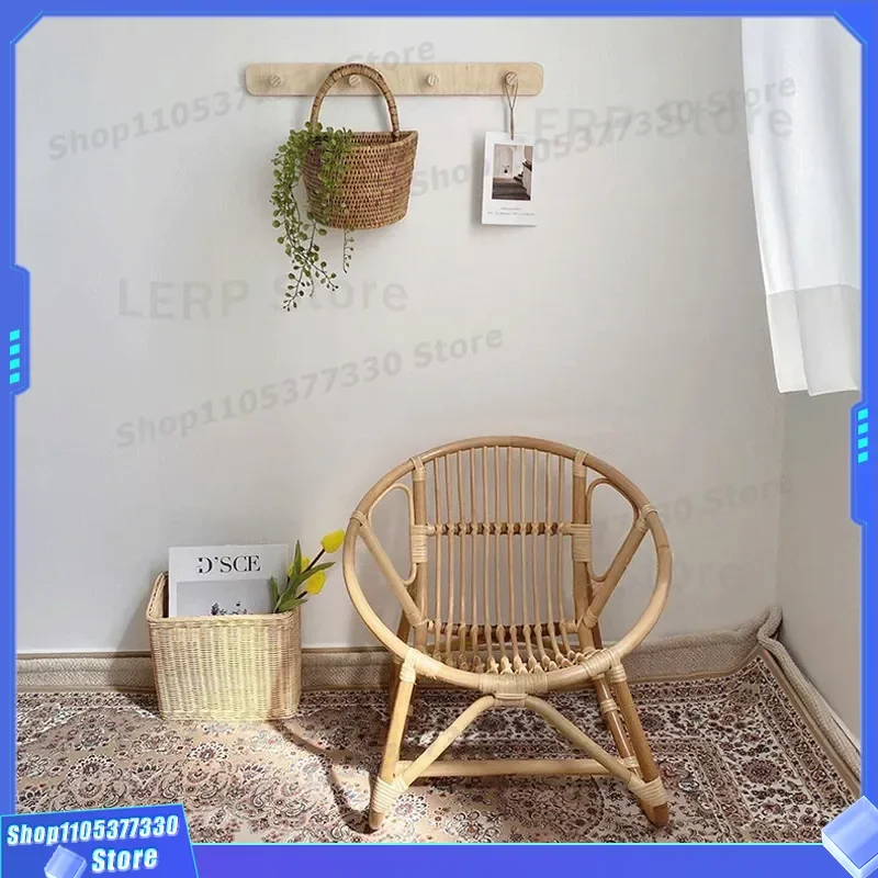 Rattan Balcony Chair with Backrest Small Stool for Kids Room Decoration Leisure Bed and Breakfast Wind Baby Furniture Piece