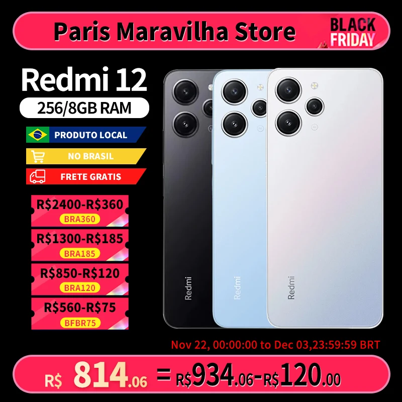 Xiaomi Redmi 12 256GB ROM 8GB RAM Versão Global | Smartphone 4G , ROM Global , Câmera 18MP , Carregador 18W