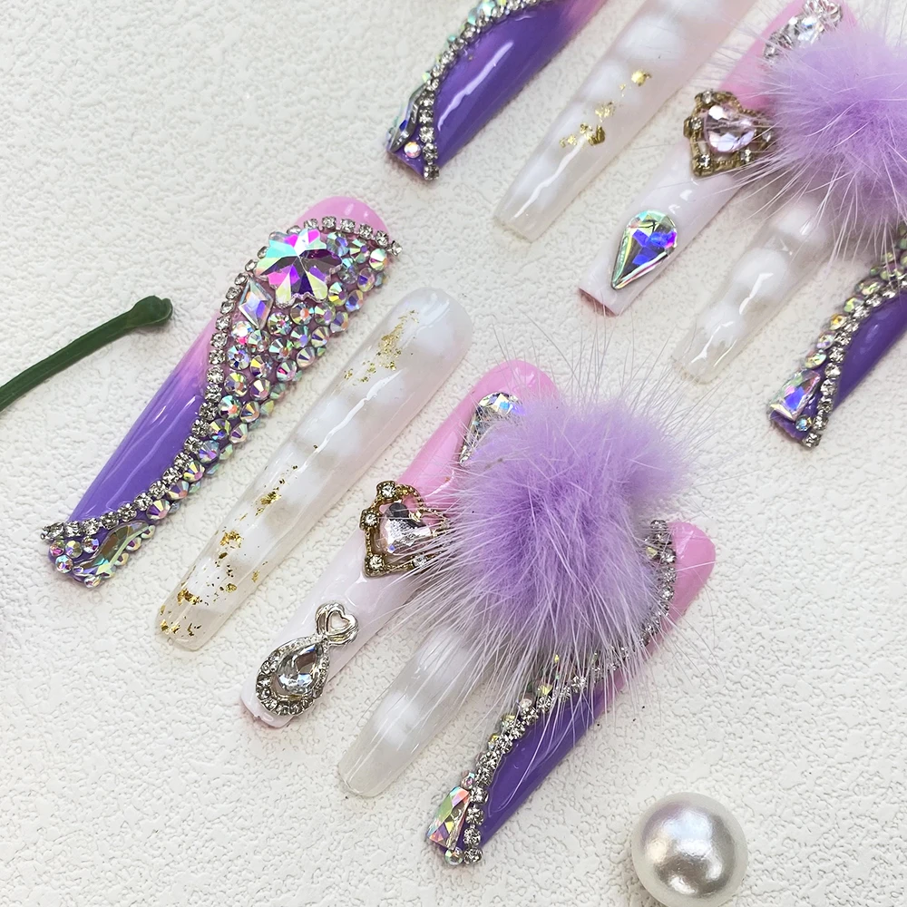 

Длинные акриловые накладные ногти-балетки ручной работы, толстые, многоразовые, с уникальным дизайном, гламурные, 10 шт.