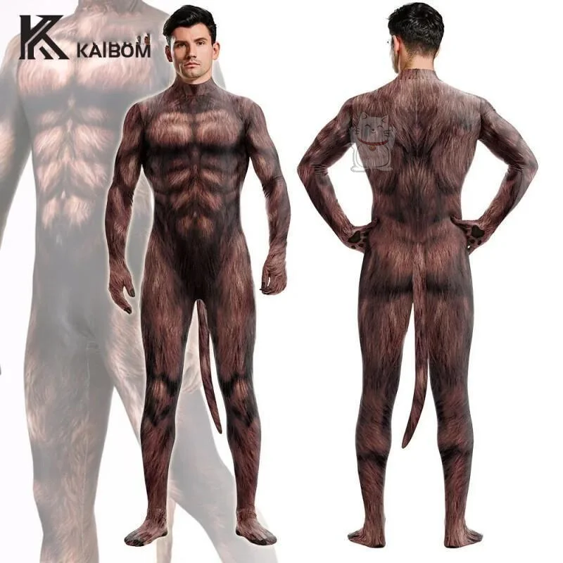 

Anime brown bear muscle print cosplay jumpsuit animal linked tight fitting performance suit for men