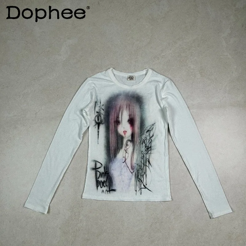 

Японская футболка в стиле Y2K с аниме и тематикой Dark Lolita, с круглым вырезом, облегающая, универсальная, с длинным рукавом, для повседневной носки