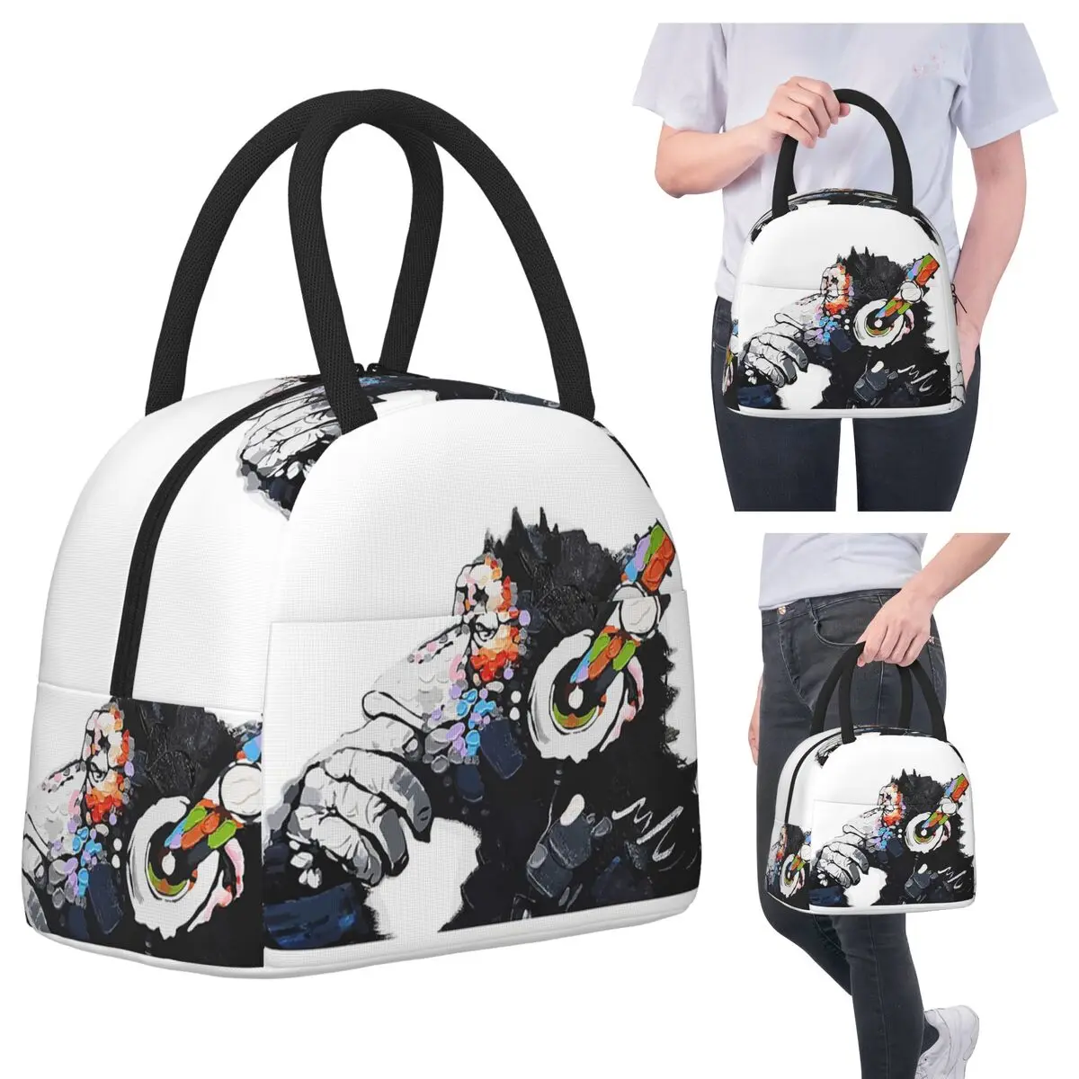 

Banksy DJ Monkey Thinker With Headphones White Lunch Bags Insulated Bento Box Waterproof Lunch Tote Picnic Bags Cooler Bag