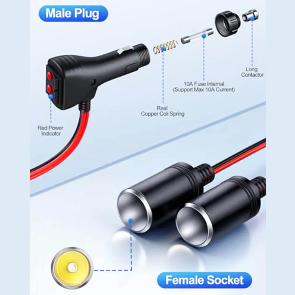 Car Power Socket Splitter 12V Dual Port with On Off Switches 10A Fuse and 16AWG Wiring for Reliable Vehicle Accessory Use