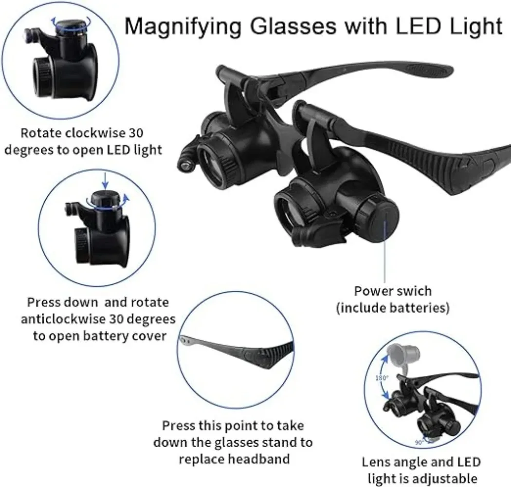 Lens lens 10x 15x 20x 25x LED lamp replaceable lens hands-free magnifying glasses for reading, jewelry, watch repair, hobbies