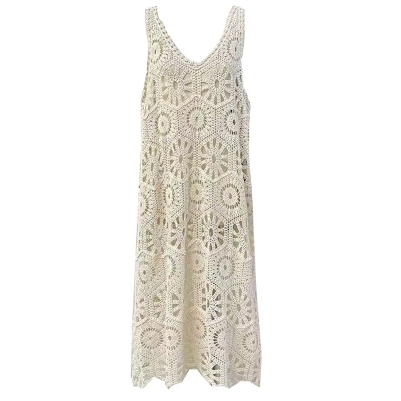 

Women Sleeveless Hollow Crochet Knitted Casual A Line Long Dress Beach Cover Up
