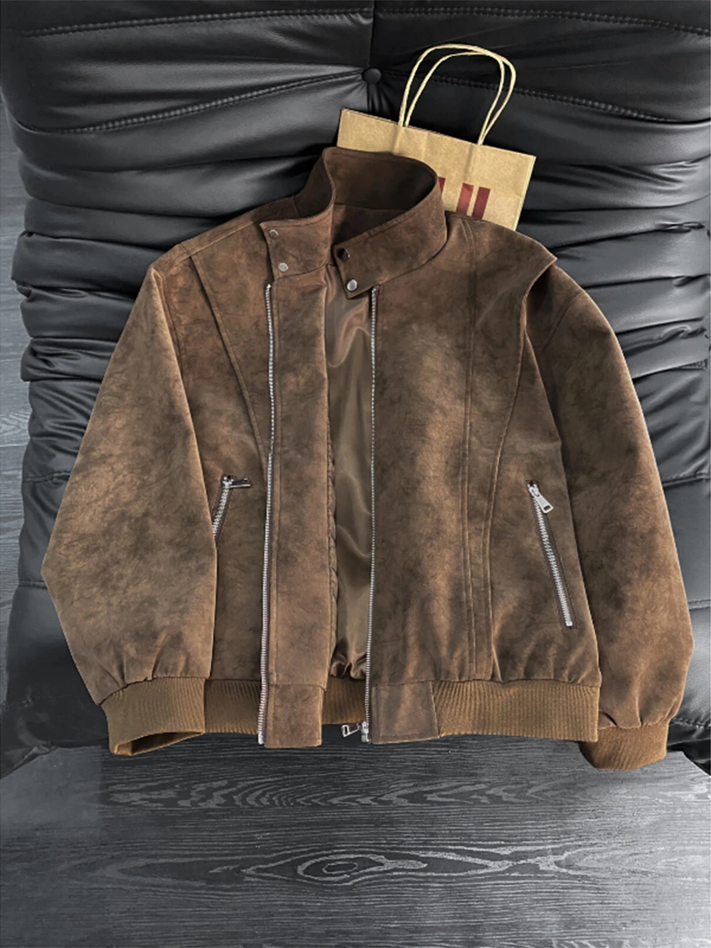 

Coffee Dyed PU Leather Flight Jaet Men's Spring Autumn American Retro Harlan Motorcycle Vest Wear Resistant Long Sve Coat