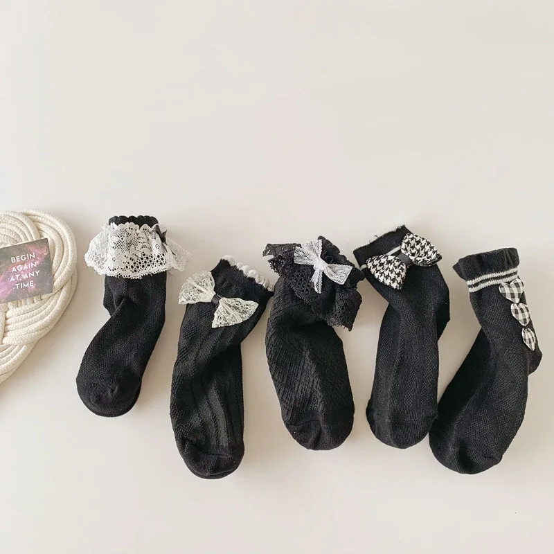 Black White Lace Princess Kids Socks Mesh Bow Children Calf Sock Soft Cotton Baby Footwear 5-8Y Girl Spring Autumn Mid Tube Sock