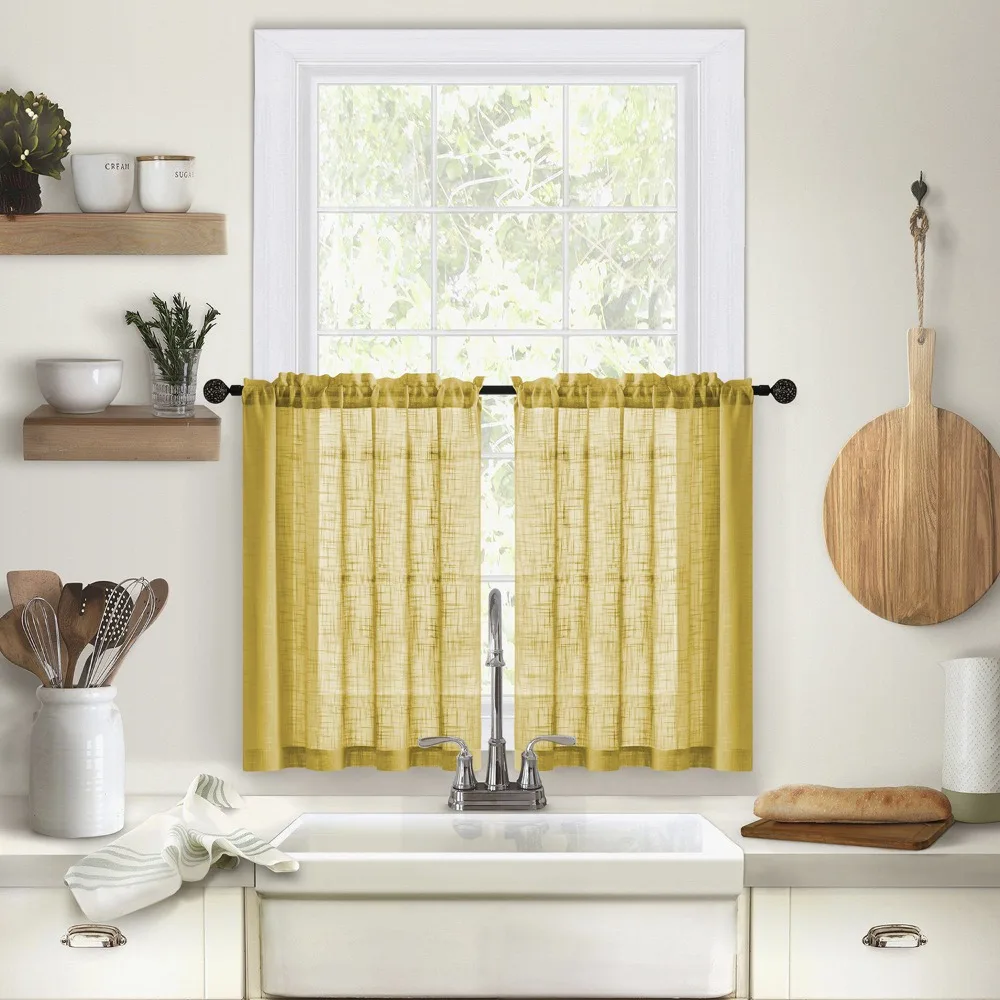 2PCS Through-shaft Type Linen Textured Kitchen Short Curtain Semi Transparent Solid Color Short Sheer Curtains Light Filtering