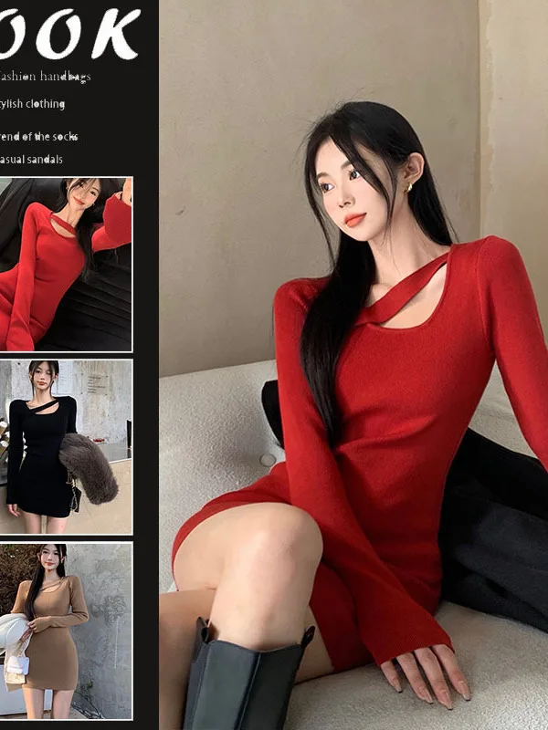 Spicy Girl Wearing Knitted Montage Dress For Women's Spring  Summer Korean Edition 2024 New Slim Fit Slimming Long Sleeve IXYF