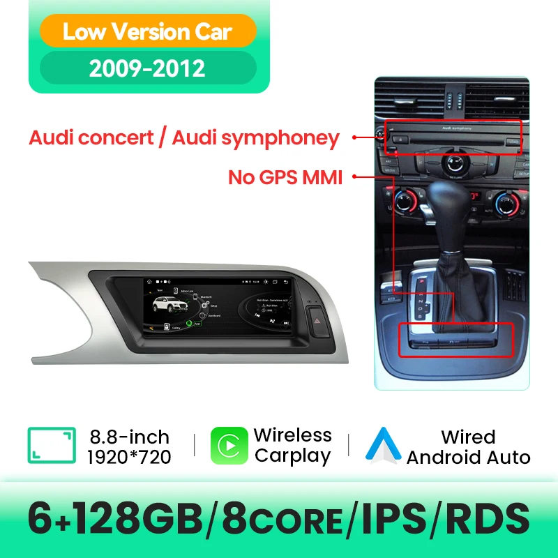 AI Voice Draadloze Carplay Auto AutoRadio Speler Voor Audi A4 2009-2016 Android 14 8Core 6GB + 128GB WIFI 4G SIM BT GPS Navi DSP