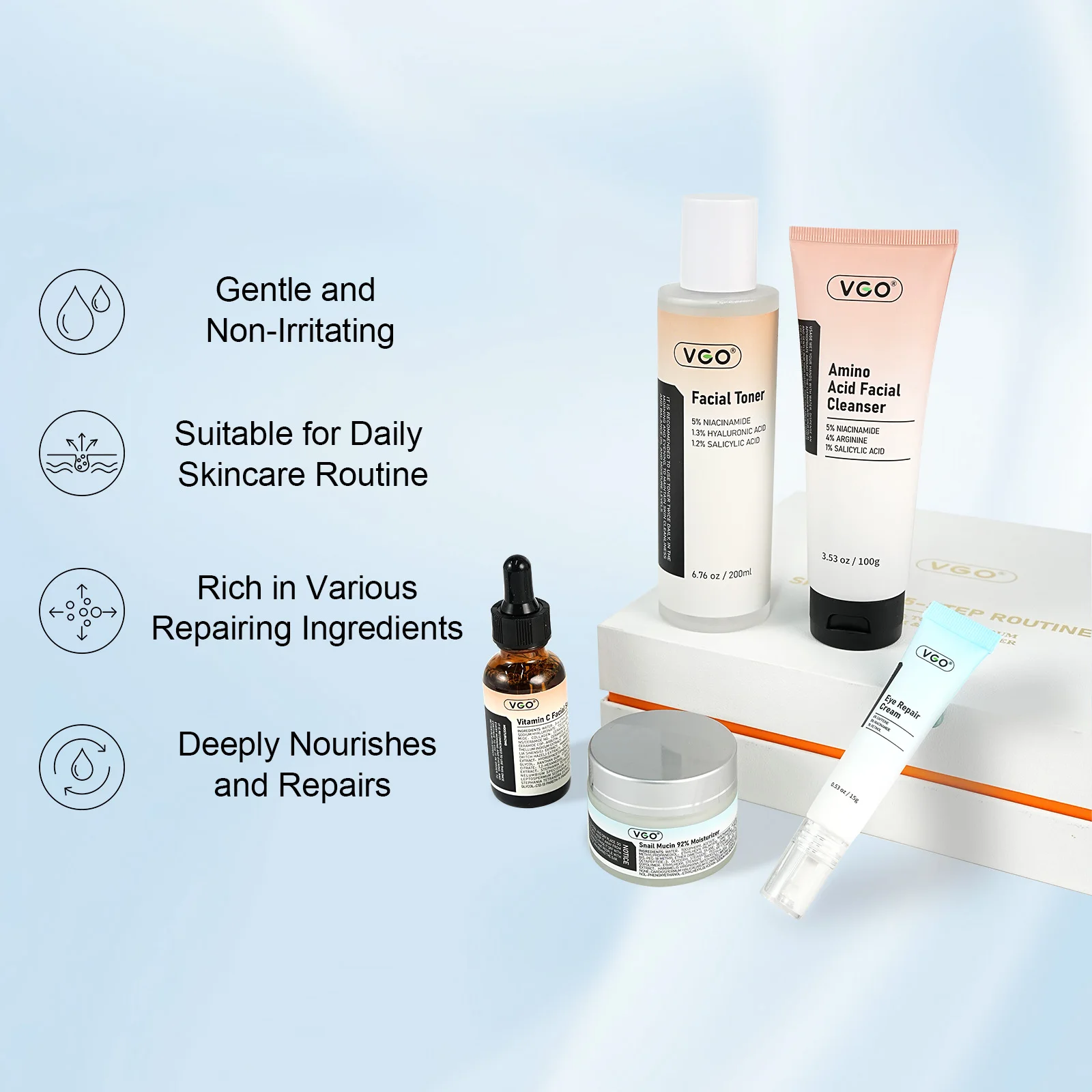 VGO 5 Buah Set Perawatan Kulit Pembersih Toner Krim Mata Serum VC Krim Siput Anti Penuaan Pemutih Hidrasi Perbaikan Kulit untuk Jenis Kulit