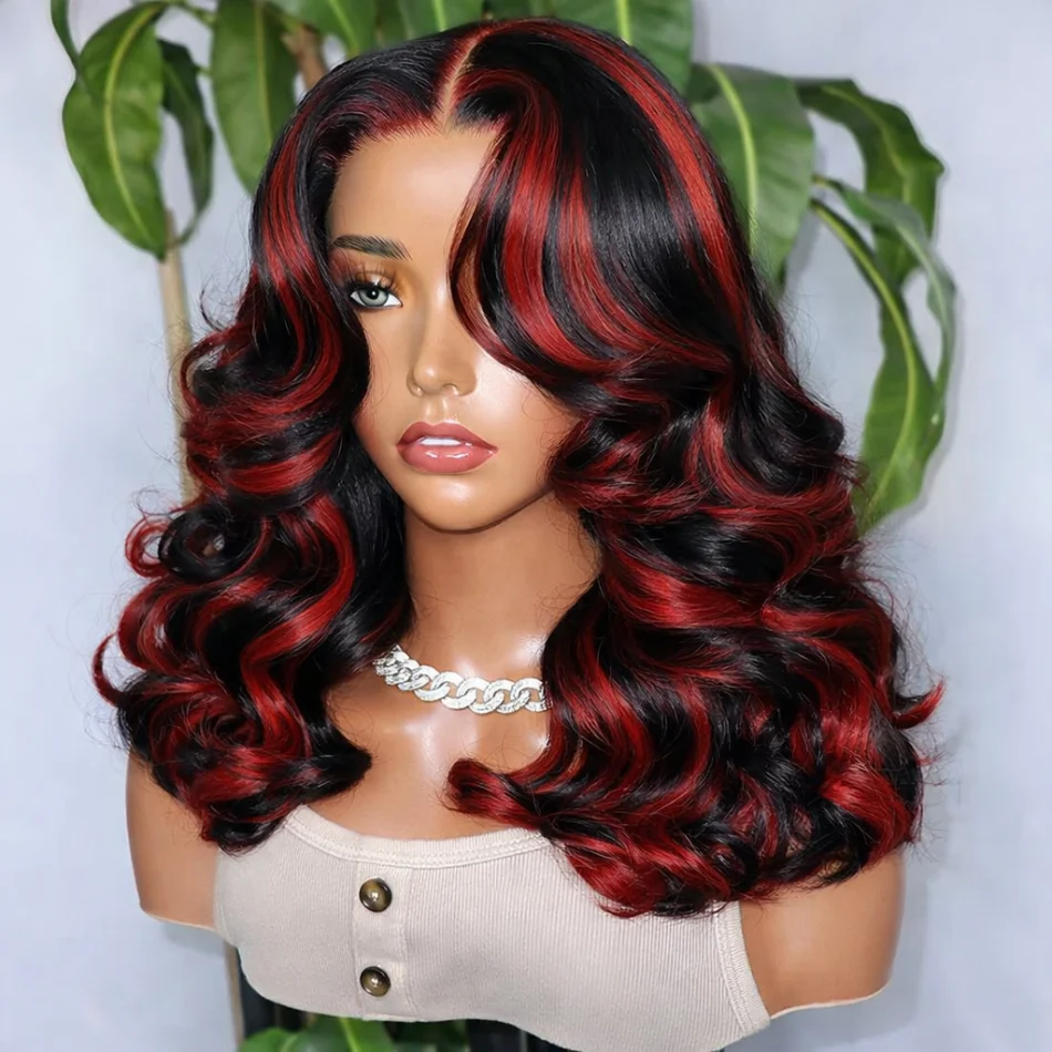 

1B/99J Black And Red Highlight 13x4 Body Wave Short Bob Human Hair Wigs Pre Plucked Glueless Frontal Closure Wig For Women