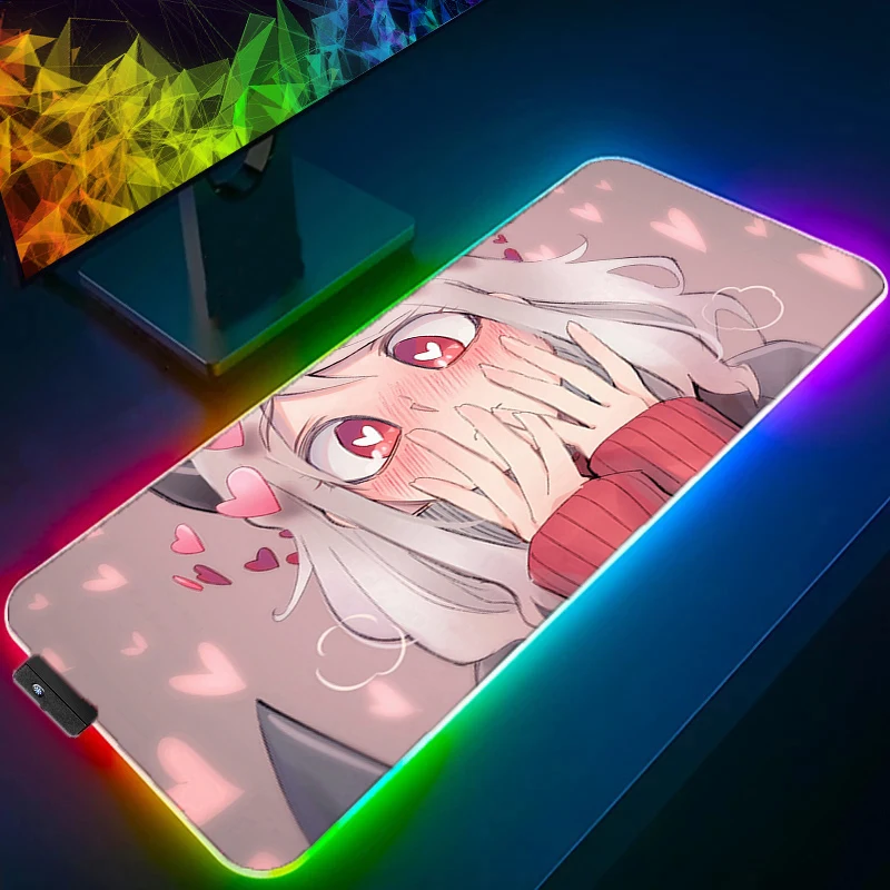 

Коврик для мыши со светодиодной подсветкой RGB, расширенный коврик для мыши H-helltaker с прошитыми краями, настольный коврик, нескользящая основа, коврик для компьютерной клавиатуры для ноутбука