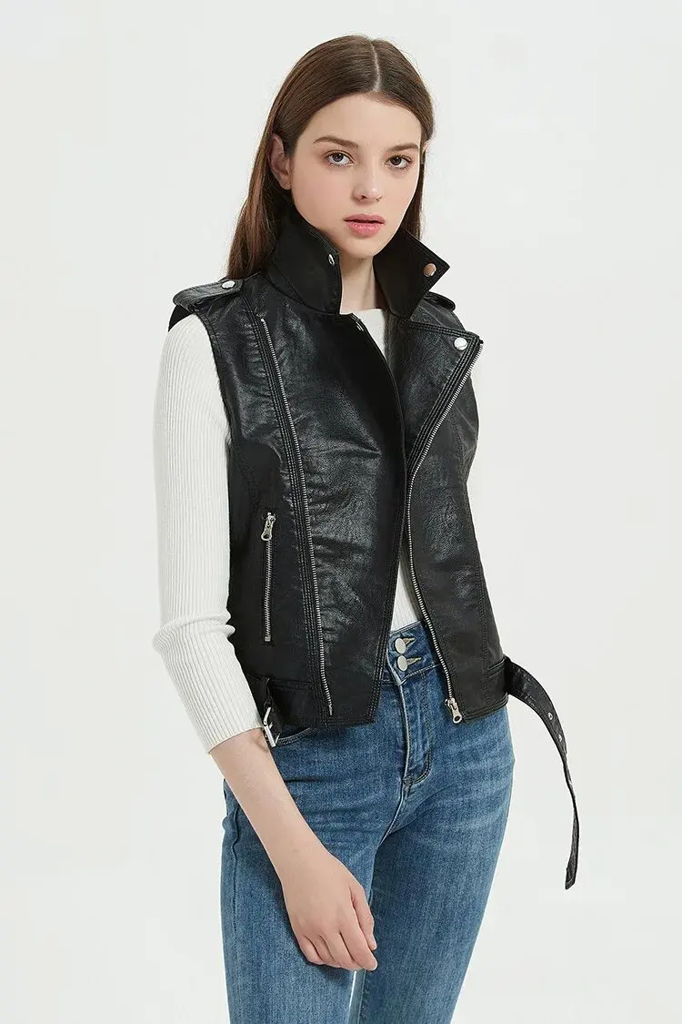 Autumn Streetwear Women Soft PU Vest Female Plus Size 5XL Faux Sheepskin Lapel Coat Moto Biker Waistcoat Leather Jacket