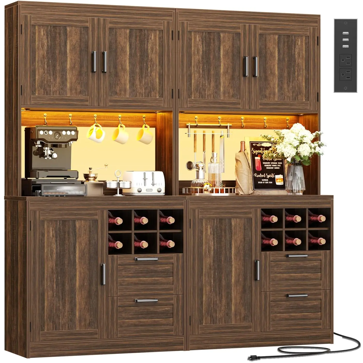 

72 Pantry Cabinet LED Light Outlet Hutch Microwave Stand Drawers Wine Rack Shelves Dining Custom
