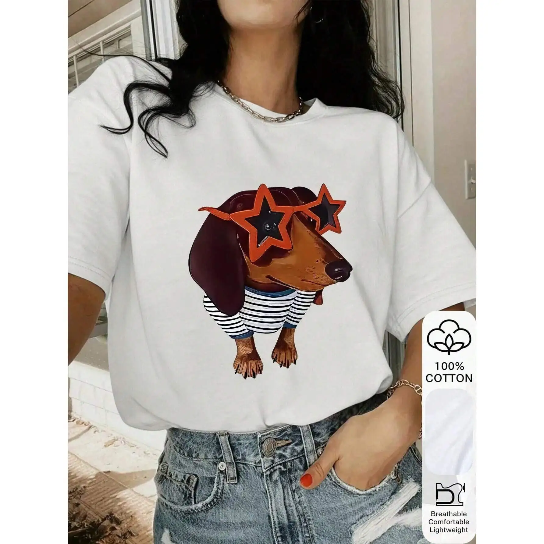 

Women's Funny Dachshund T-Shirt Star Sunglasses Dog Print Cute Sausage Dog Lover Tee Casual Pet Mom Gift Top