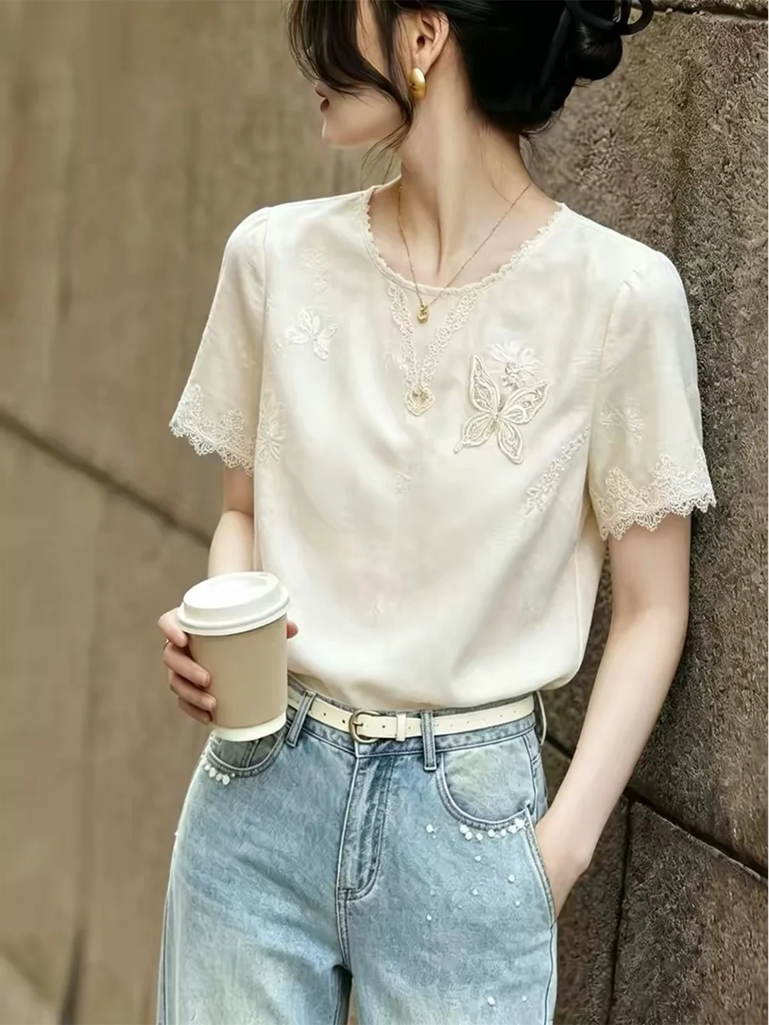 

Sun Protection Lace Splice Design Knitwear Short Sleeve round Neck Top for Commuting Fashionable Summer Women's Clothing
