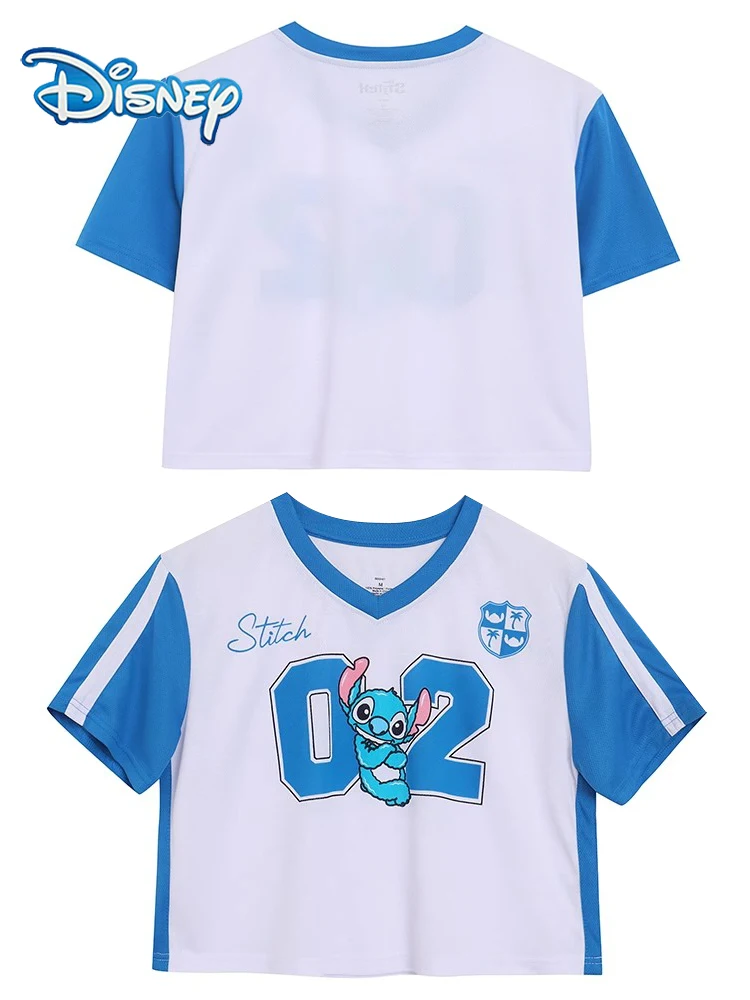 

Футболка Disney Stitch Little Monster с мультяшным принтом, женская футболка с короткими рукавами и v-образным вырезом, бейсбольный трикотаж, быстросохнущие короткие топы
