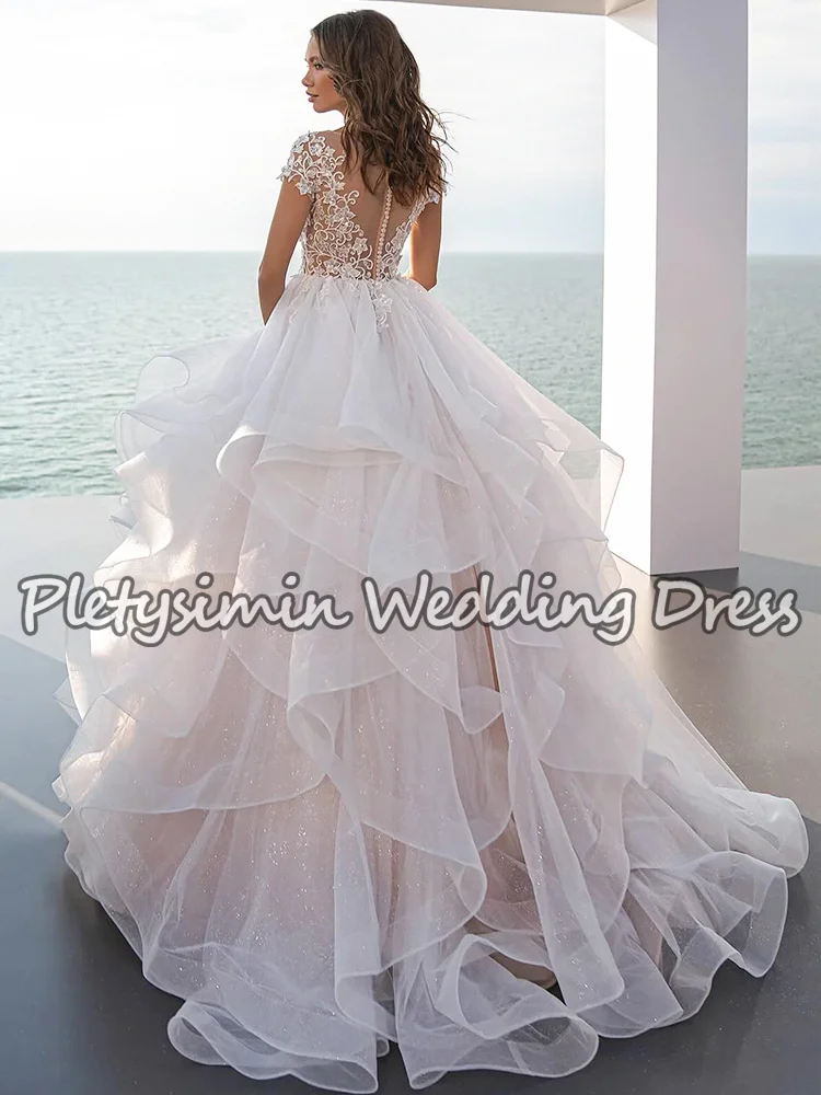 Robe de mariée trapèze brillante, exquise, manches cape, avec des Appliques à volants à plusieurs niveaux, en Tulle, robe de princesse personnalisée