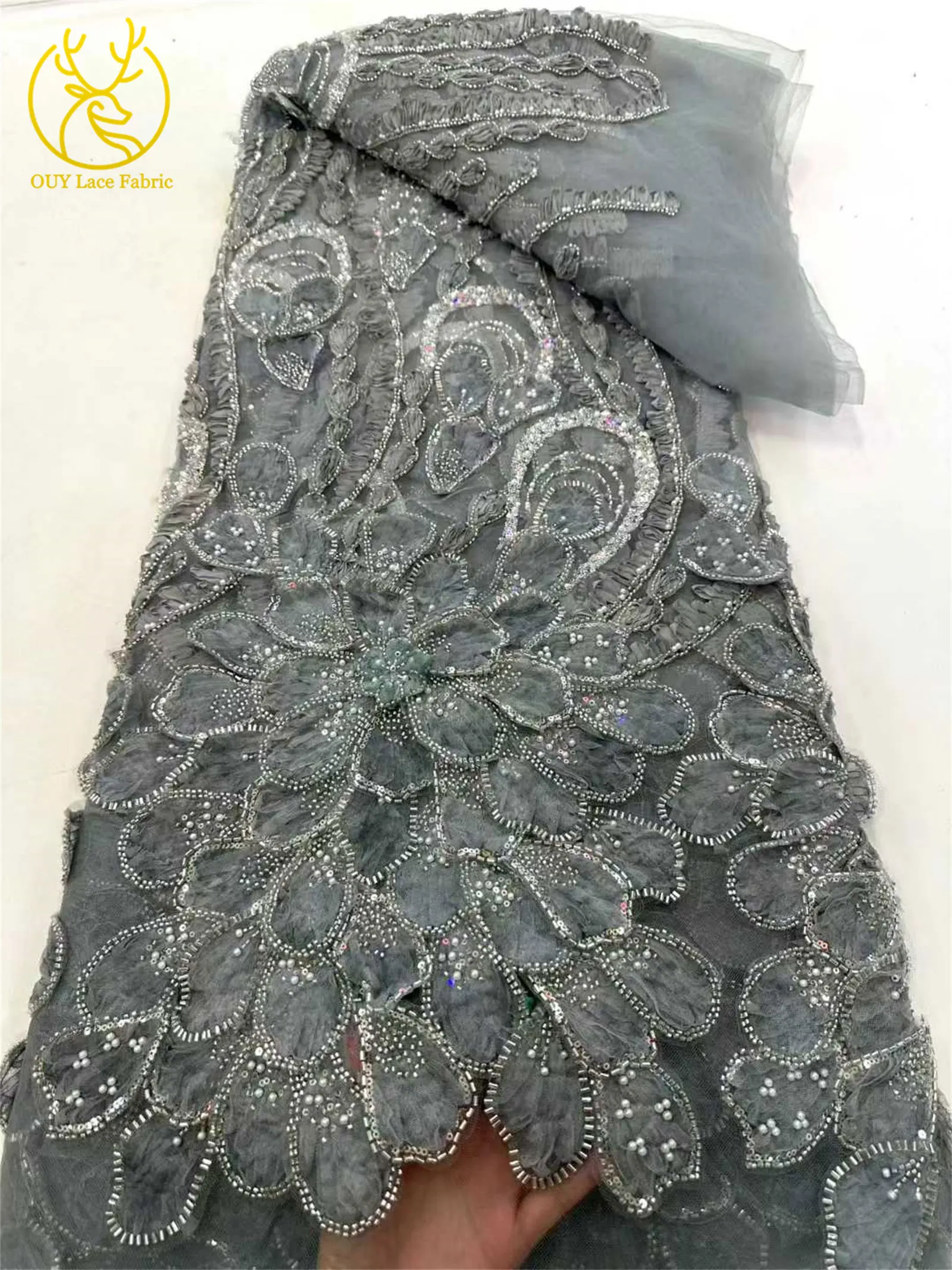 3D Afrikanischer Perlen-Pailletten-Spitzenstoff 2026 Französischer Nigerianischer Tüll-Spitzenstoff für Brautkleider-Materialien – Detail 12