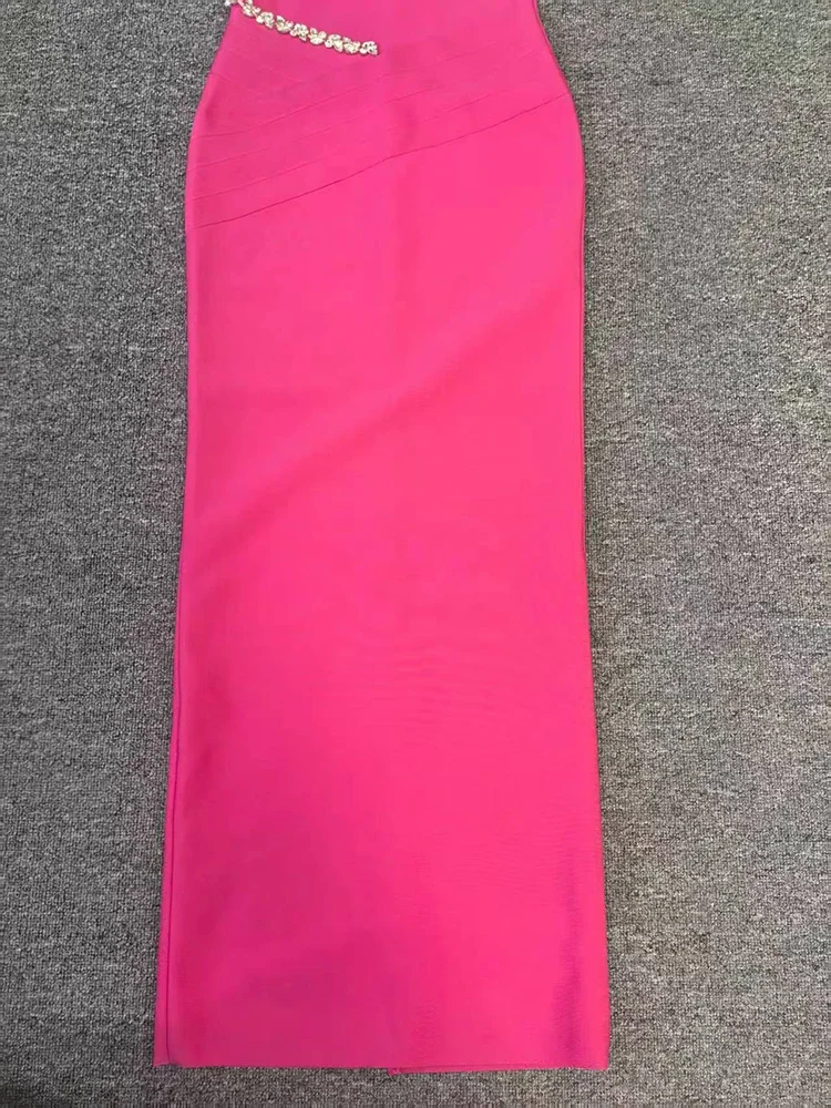 Robe longue à bandes pour femmes, Sexy, col Hlater, diamants découpés, Rose rouge, sans manches, dos nu, cristal, moulante, robes de soirée