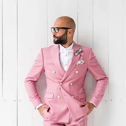 Summer Men's Suit Pink Double Breasted Peaked Lapel Wedding Groom Terno Fashion Blazer Masculino Casual Two Piece Jacket Pants