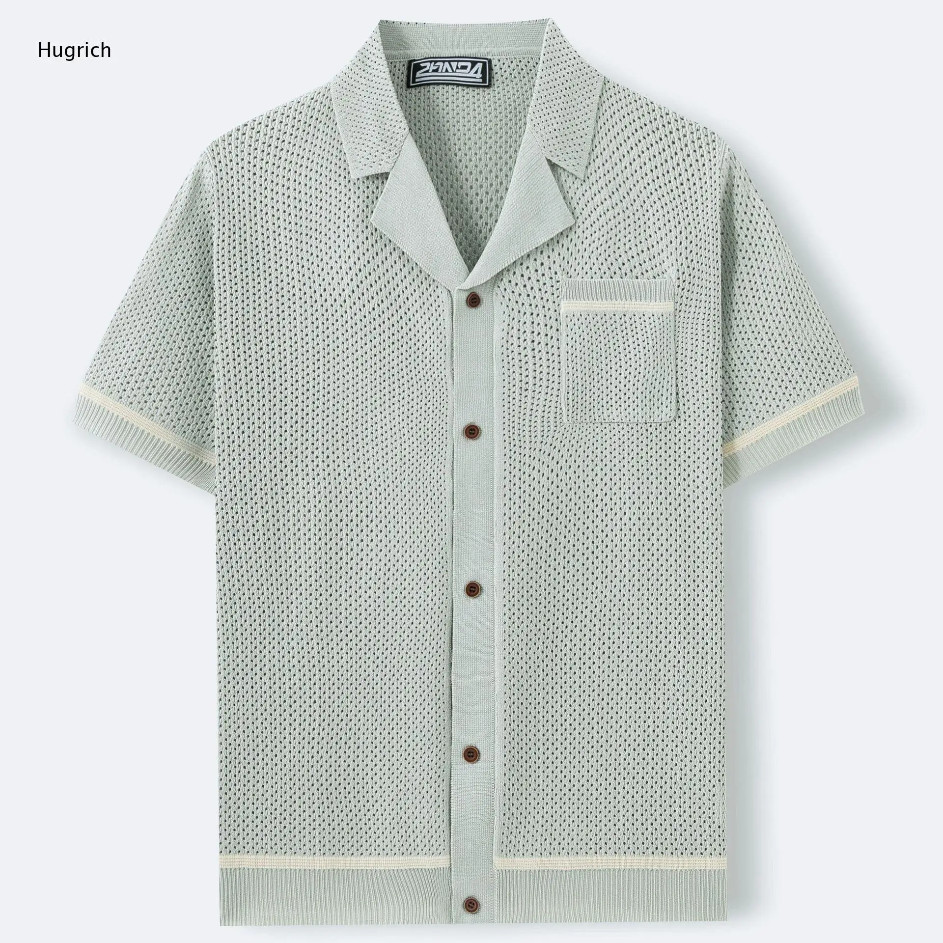 Men's Ultra Breathable Openwork Mesh Notched Lapel Pocket Knit Short Sleeve Shirt