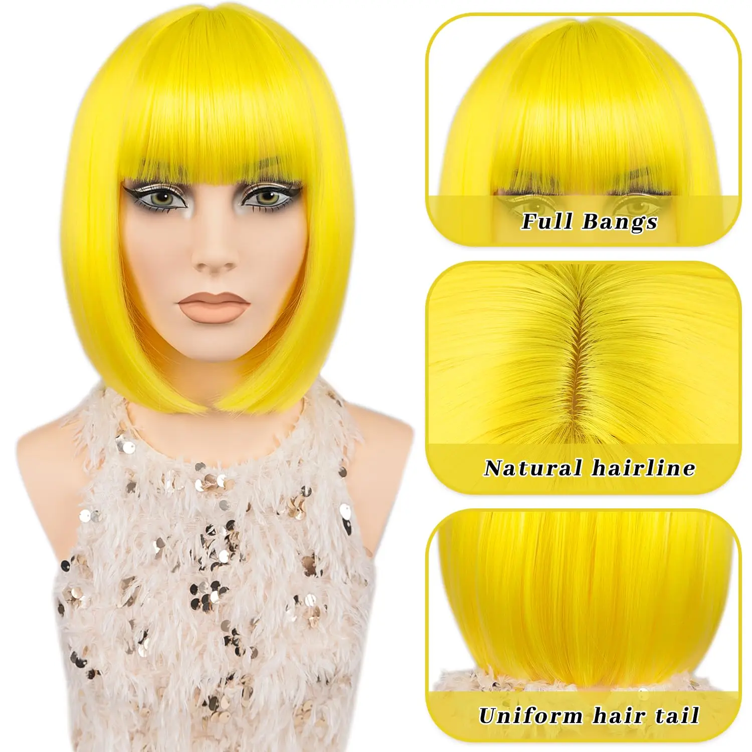 Yellow bob hairstyle synthetic wig for Halloween cosplay wig for role-playing, daily party, high-temperature hairnet