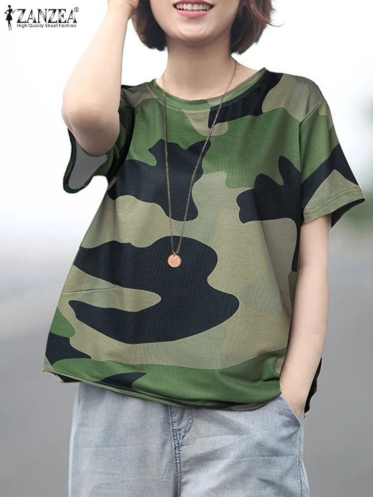 ZANZEA 2024 Summer Camouflage Print T-shirts Women Casual O Neck Short Sleeve Tees Shirt Loose Everyday Blouses Tops Chemise