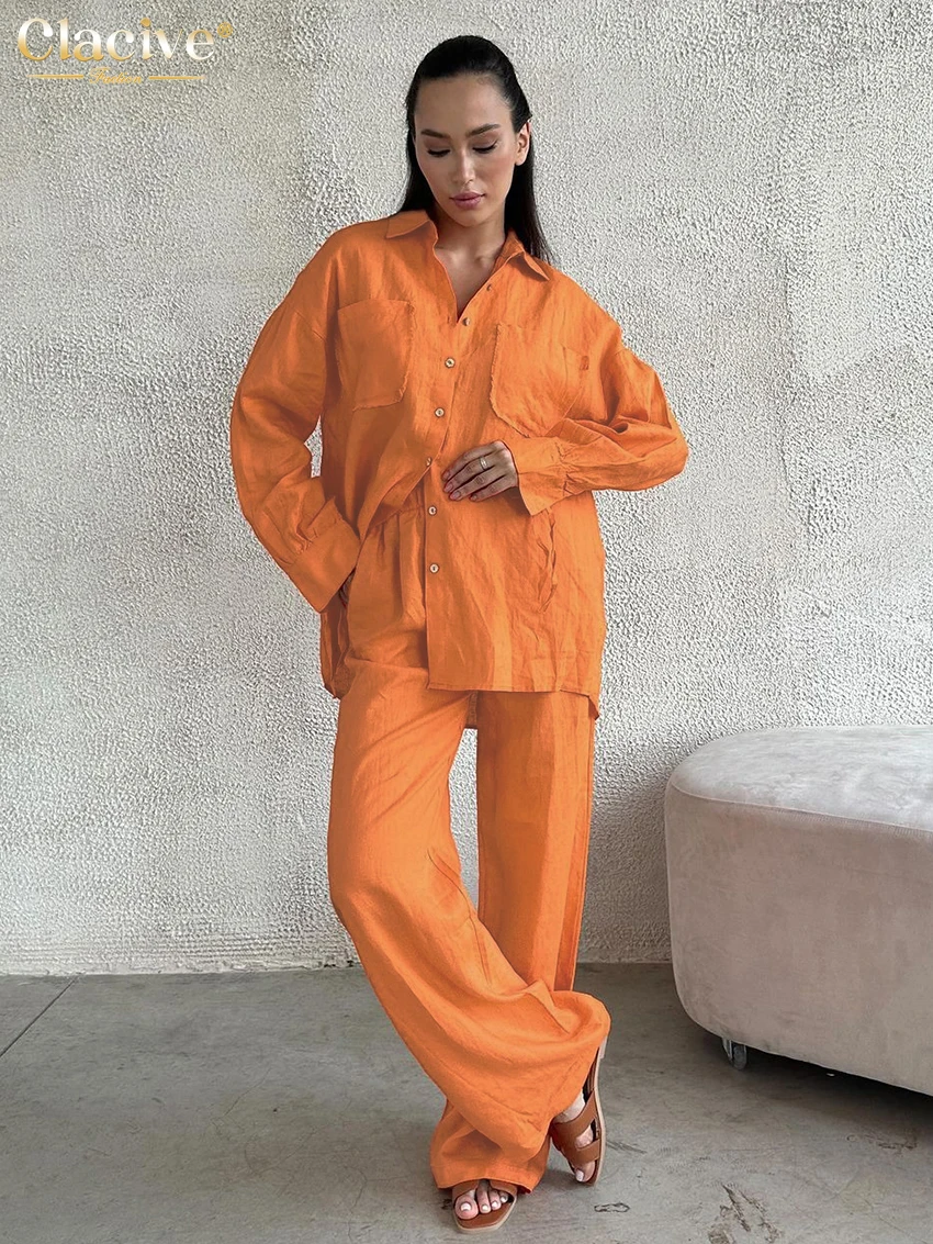 

Clacive Casual Loose Orange Cotton Woman 2 Piece Set Outfit 2025 Elegant Long Sleeve Shirt With High Waist Wide Pants Set Female