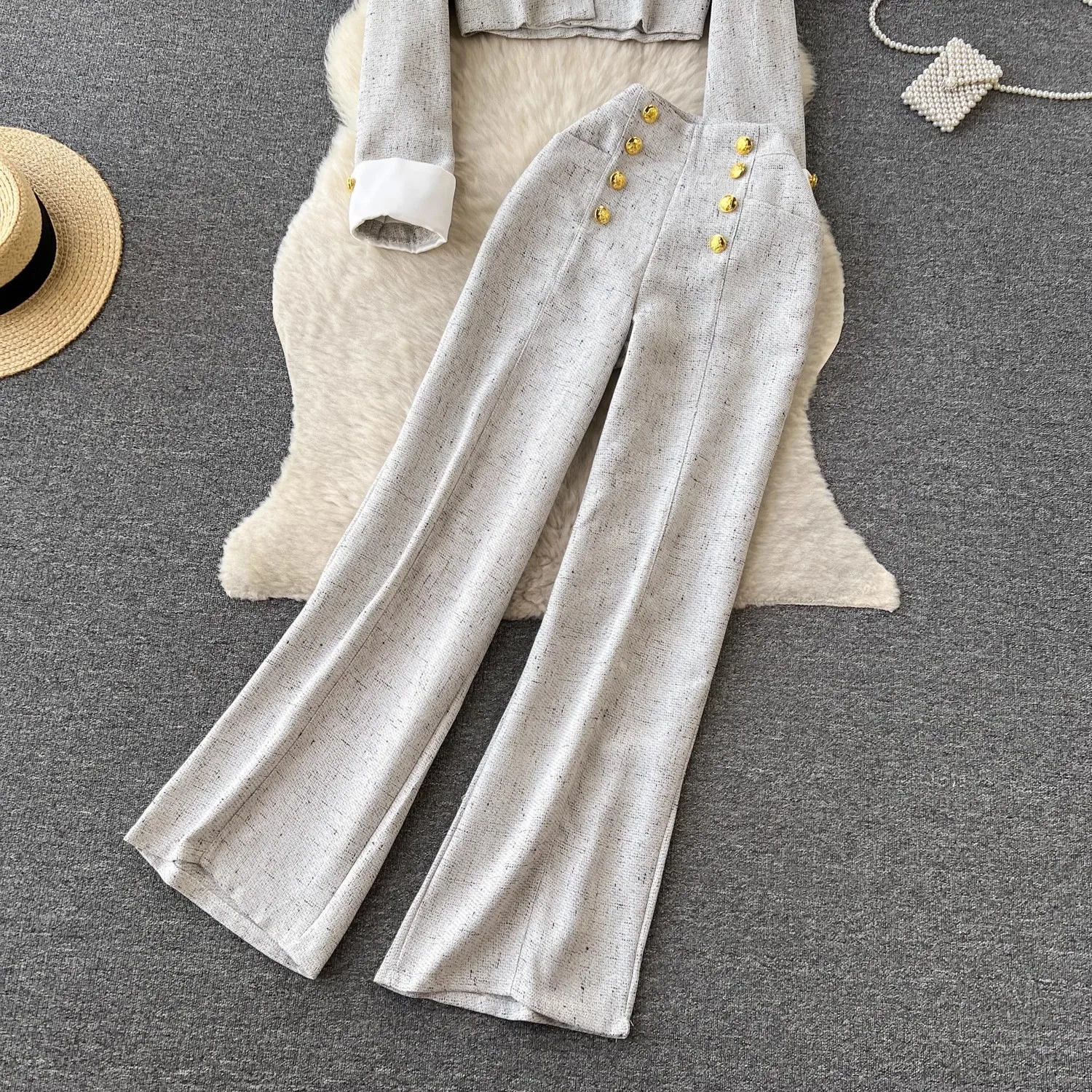 Grey women\'s tweed 2-pcs set long sleeved round neck jacket+high waisted pants new spring/autumn small fragrance style set