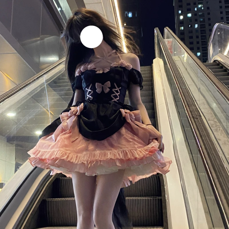 Japanese Gothic Lolita Dress – Kawaii Bow Bear Lace Pink/Black Off Shoulder Princess Dresses, Sweet Halloween Costume