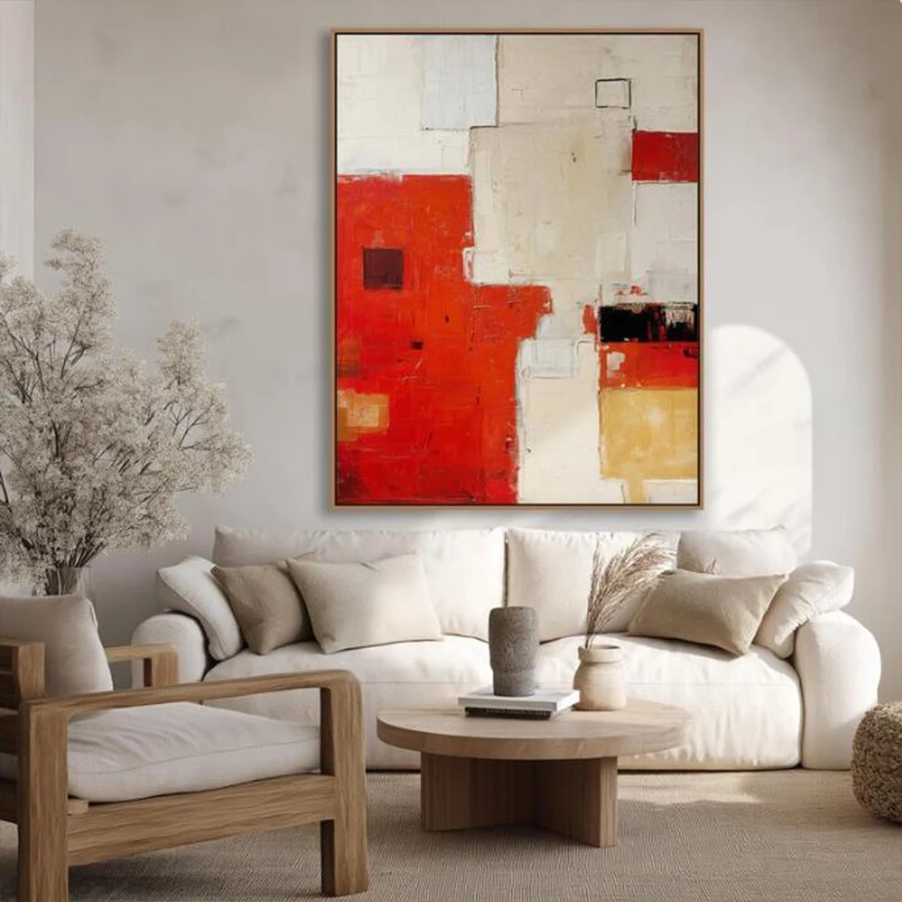 

Large Red And Beige Geometric Wall Art Canvas - Abstract Cubism Modern Painting for Office Decor Oversized Living Room Artwork