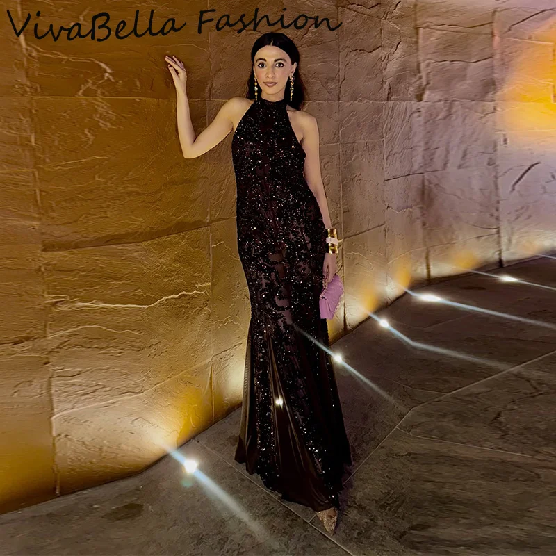 

Блестящие блестящие бусины, висящее платье на шею, сексуальное прозрачное платье без рукавов с открытой спиной, новинка 2025, женские вечерние платья, вечерние клубные халаты