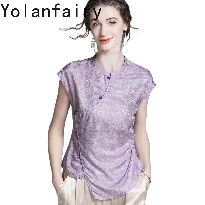 

YOLANFAIRY 90% Real Mulberry Silk Shirts Female 2026 Summer Luxury Jacquard Blouse Woman Elegant Waistline Pleated Women Shirt