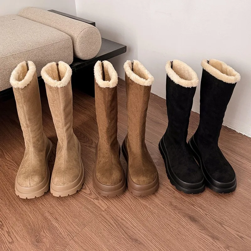 2025, neue Baumwollstiefel, Winter, runde Zehen, Fleece, warme Plattform, Reißverschluss hinten, rutschfester Absatz