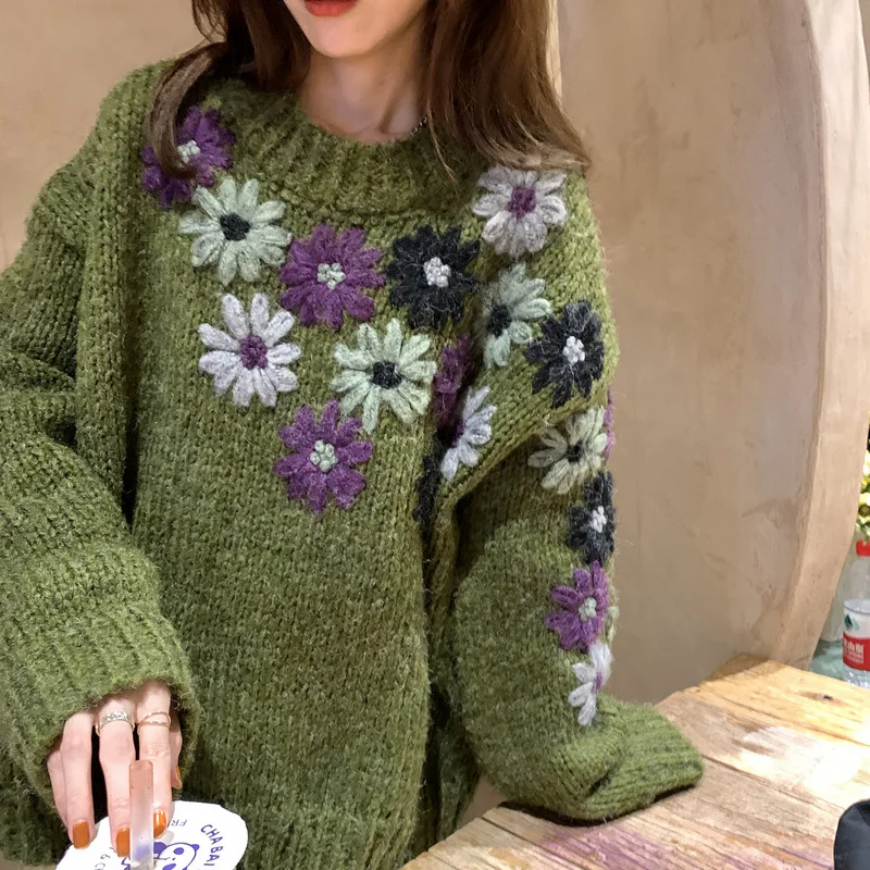 Ropa Para Mujer Boho Floral Print Knit Sweater Women Green Oversized Chunky Pullover Jumper Casual Fall Winter Knitwear