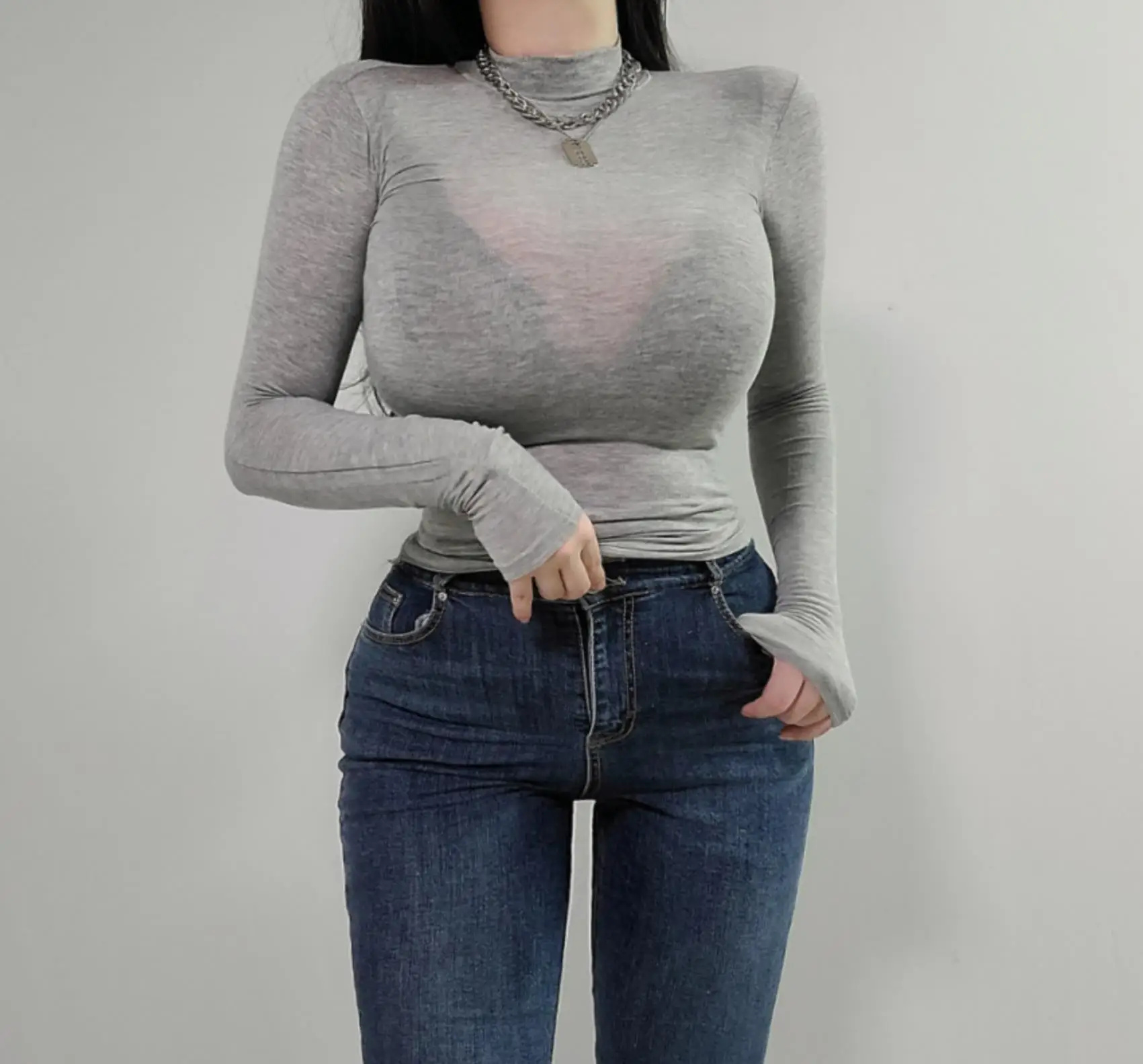 Sexy Slim Fit Micro Translucent T-Shirt Autumn New Half High Collar  Color Tight T-Shirt by 51STUDIO Women's Fashion