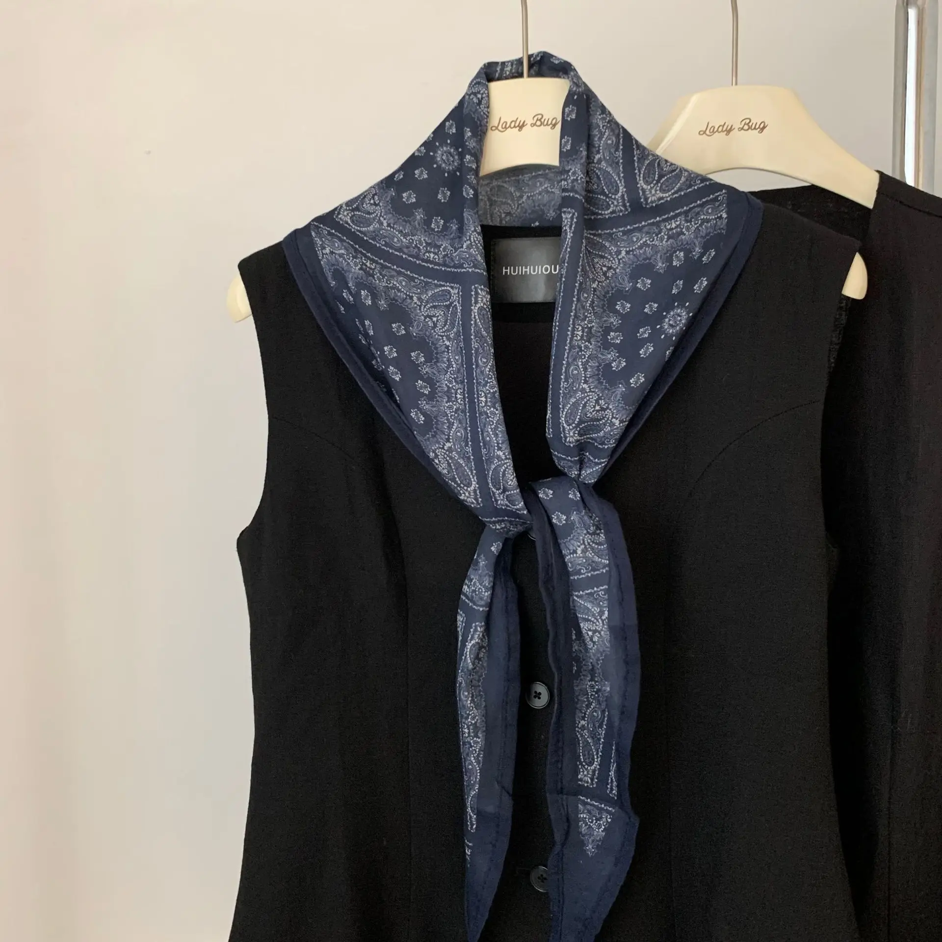 한국 스타일 그레이 블루 페이즐리 스카프 다이아몬드 빈티지 패턴 경량 목 봄 여름 패션 액세서리 여성용 남여 ​