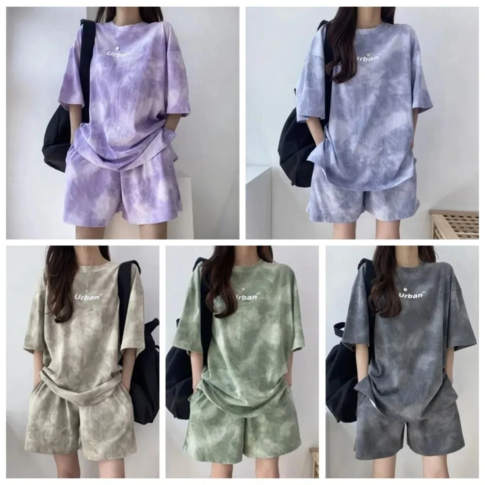 Simple Letter Two-piece Tracksuit Large Size Thin Summer Loose Suit Ins Sports Short Sleeve T-shirt Shorts Female