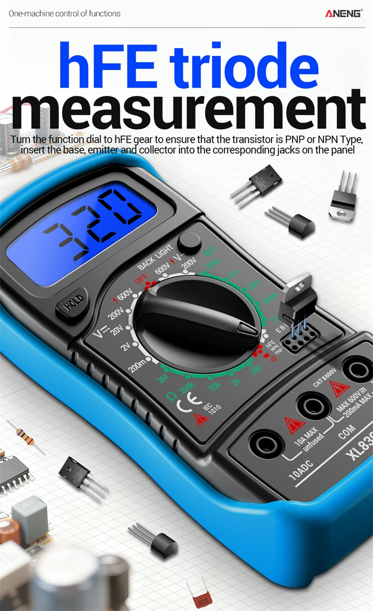 ANENG XL830L-1 Multimeter ABS Silikon 1999 Messwerte AC DC Volt Ohm Dioden HFE Tester Hintergrundbeleuchtung Piepton Datenhaltefunktion Niedrigenergie-Warner – Detail 3