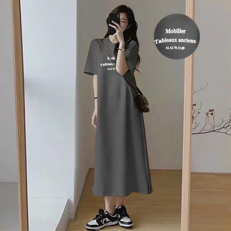 Women's Casual French Text Print Oversized Maxi T-Shirt Dress Short Sleeve Side Split Summer Dress