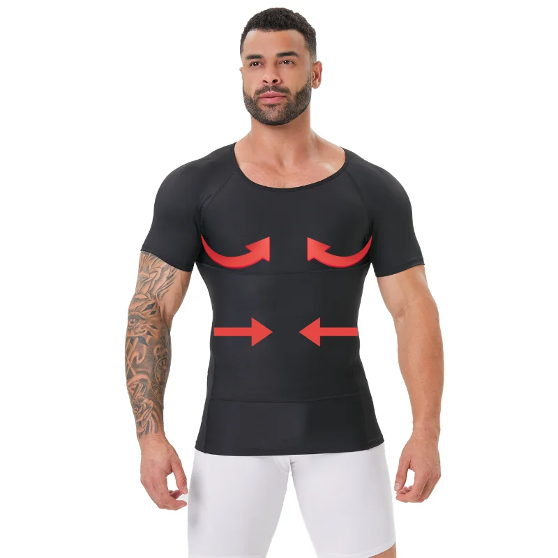 

Мужская компрессионная футболка с двойным слоем для коррекции живота, облегающий топ с круглым вырезом, дышащая, удобная, повседневная футболка для спортзала