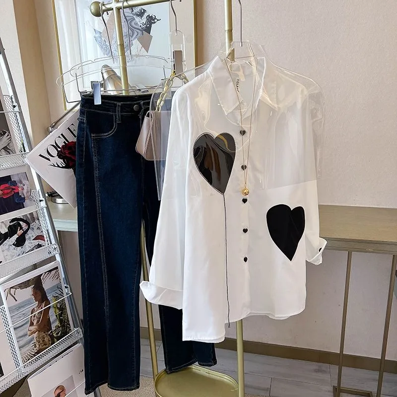 

Spring and Autumn Large Size 140KG Design Sense Age Reduction Love Skinny Shirt Versatile Loose Korean Version Polo Collar Shirt