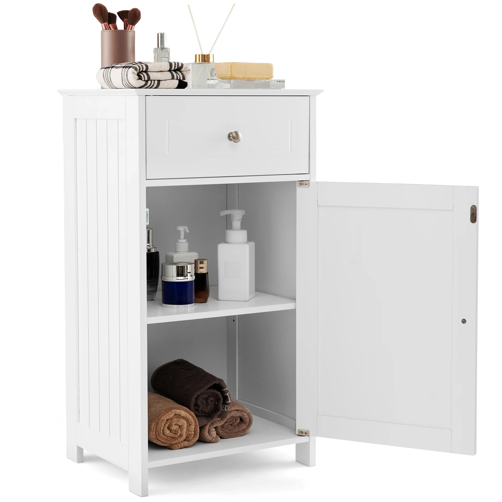 Badezimmerschrank, Badschrank schmal mit Schublade & Tür, Badkommode aus Holz mit verstellbaren Regal, Aufbewahrungsschrank