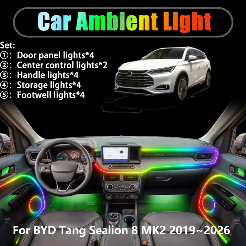 

For BYD Tang Sealion 8 MK2 2019~2026 SUV 2/18 in 1 Car ambient lighting Led trunk interior led lights USB RGB Ensemble Streamer